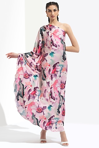 Light Pink Printed One-Shoulder Kaftan Dress by Mandira Wirk - Resort