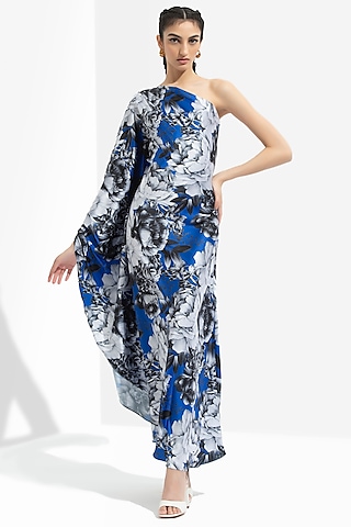 Celtic Blue Printed One-Shoulder Kaftan Dress by Mandira Wirk - Resort