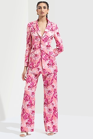 Light Rose Printed Bootleg Pant Set by Mandira Wirk - Resort