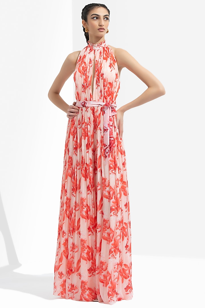 Peach Orange Printed Jumpsuit by Mandira Wirk