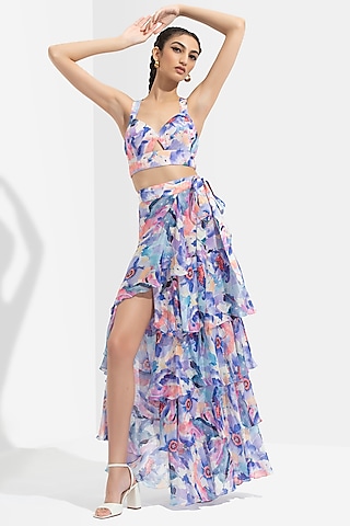 Blue Printed Tiered Wrap Skirt Set by Mandira Wirk - Resort