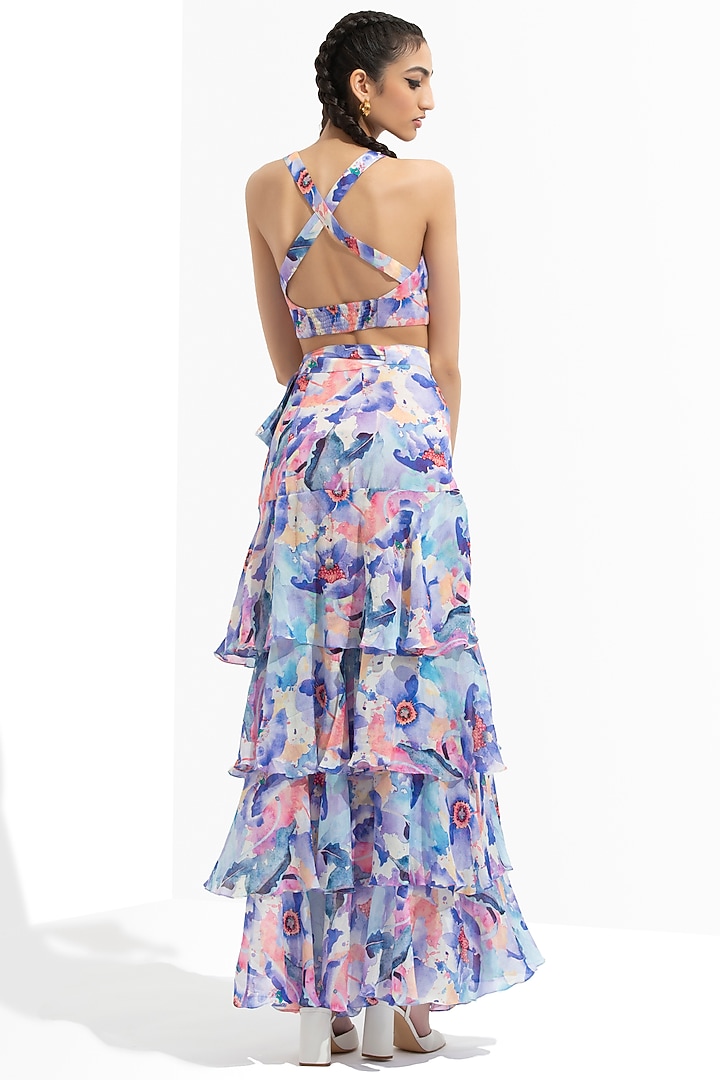 Blue Printed Tiered Wrap Skirt Set by Mandira Wirk - Resort at Pernia's Pop Up Shop