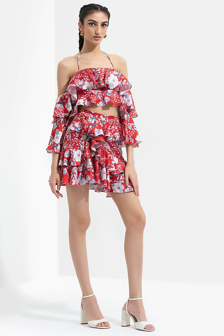 Electric Red Floral Printed Layered Mini Skirt Set by Mandira Wirk