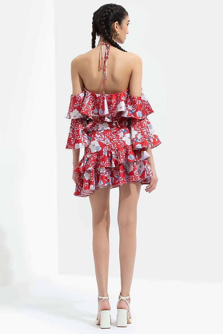 Electric Red Floral Printed Layered Mini Skirt Set by Mandira Wirk - Resort at Pernia's Pop Up Shop