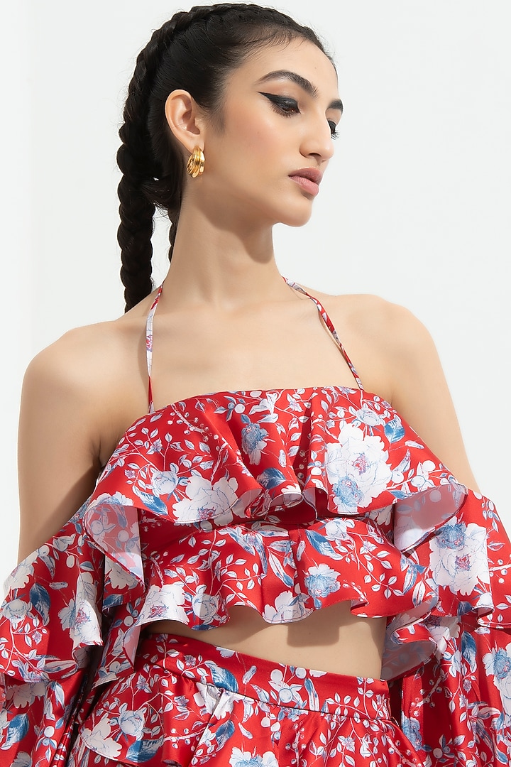 Electric Red Floral Printed Layered Mini Skirt Set by Mandira Wirk - Resort at Pernia's Pop Up Shop