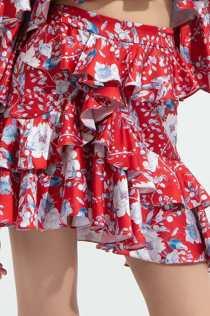 Electric Red Floral Printed Layered Mini Skirt Set by Mandira Wirk - Resort at Pernia's Pop Up Shop