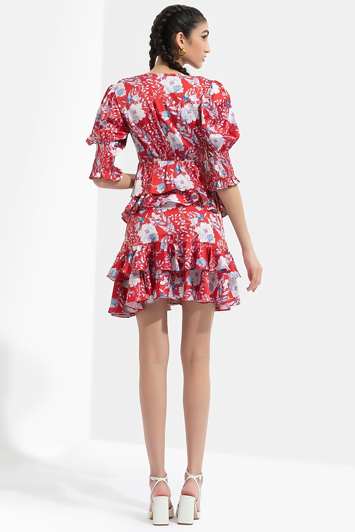 Electric Red Floral Printed Layered Skirt Set by Mandira Wirk - Resort at Pernia's Pop Up Shop