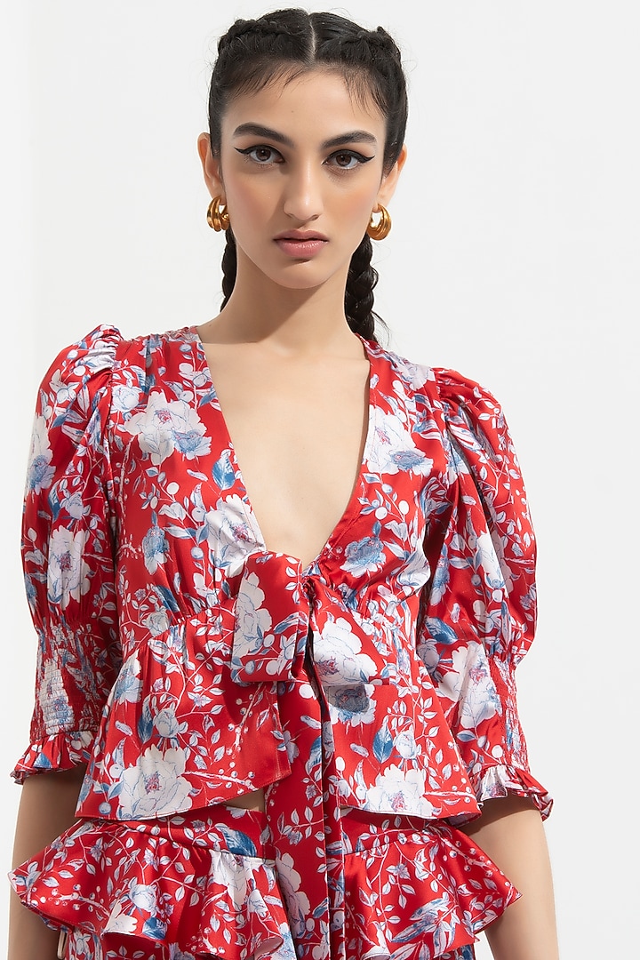 Electric Red Floral Printed Layered Skirt Set by Mandira Wirk - Resort at Pernia's Pop Up Shop