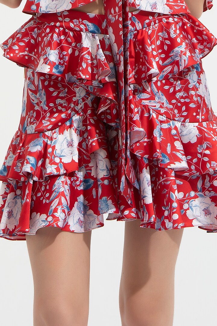 Electric Red Floral Printed Layered Skirt Set by Mandira Wirk - Resort at Pernia's Pop Up Shop