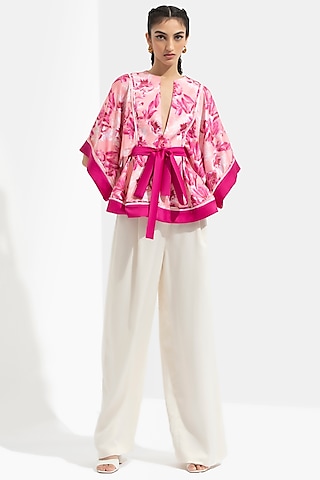 Hot Pink & Ivory Satin Pant Set by Mandira Wirk - Resort