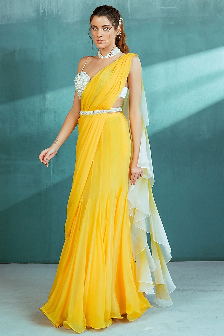 Yellow Chiffon Draped Saree Set by Mandira Wirk