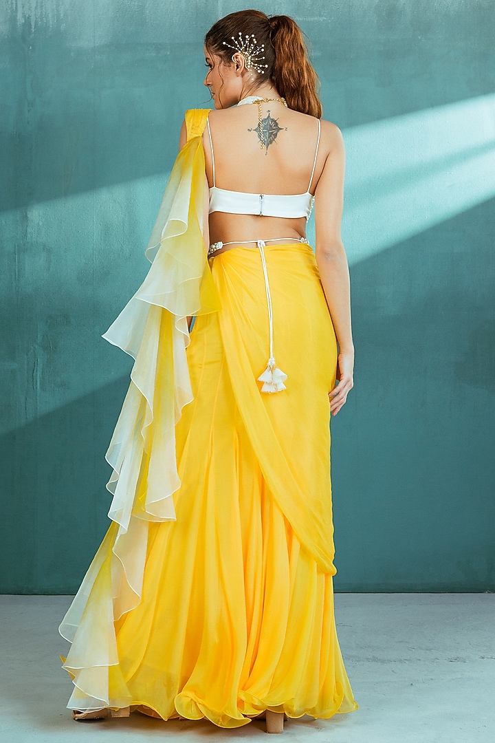Yellow Chiffon Draped Wedding Saree Set by Mandira Wirk - Indian at Pernia's Pop Up Shop