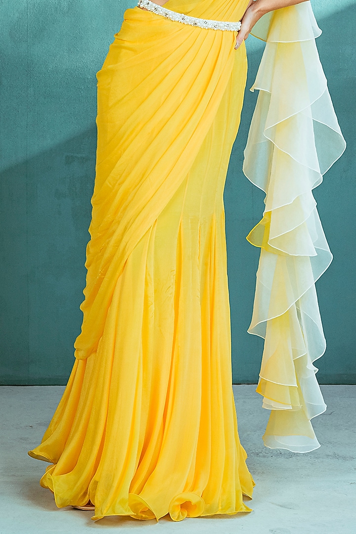 Yellow Chiffon Draped Wedding Saree Set by Mandira Wirk - Indian at Pernia's Pop Up Shop