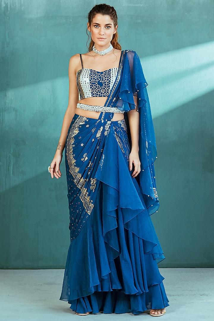 Blue Chiffon & Organza Foil Printed Draped Saree Set by Mandira Wirk
