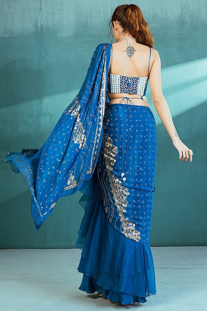 Blue Chiffon & Organza Foil Printed Draped Wedding Saree Set by Mandira Wirk - Indian at Pernia's Pop Up Shop
