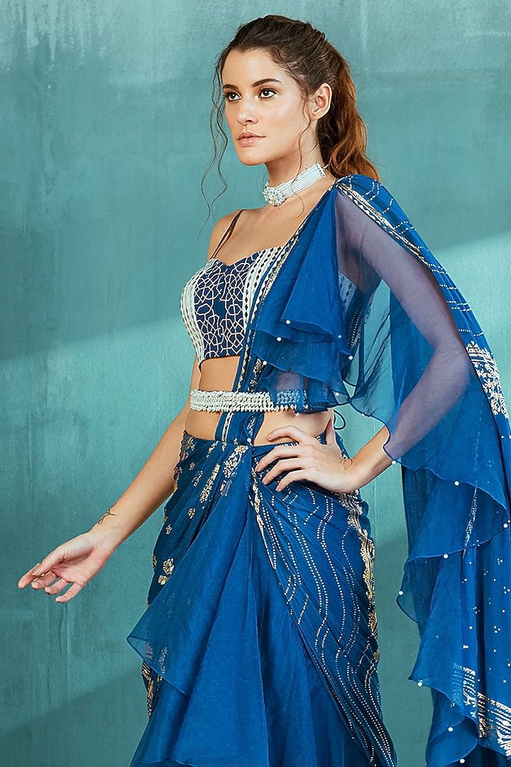 Blue Chiffon & Organza Foil Printed Draped Wedding Saree Set by Mandira Wirk - Indian at Pernia's Pop Up Shop