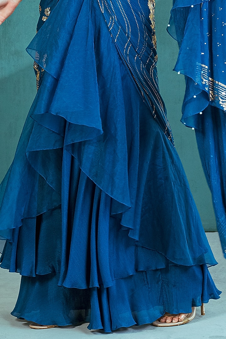 Blue Chiffon & Organza Foil Printed Draped Wedding Saree Set by Mandira Wirk - Indian at Pernia's Pop Up Shop