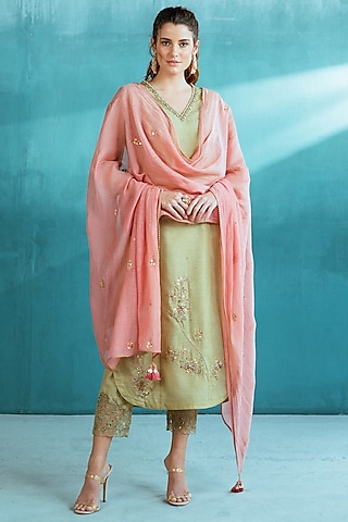 Pista Green Embroidered Kurta Set by Mandira Wirk - Indian