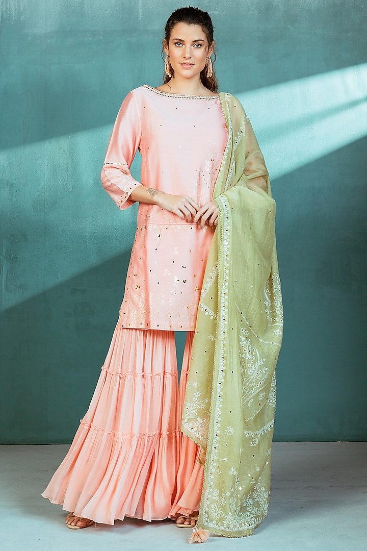 Peach Chiffon Tiered Sharara Set by Mandira Wirk at Pernia's Pop Up Shop