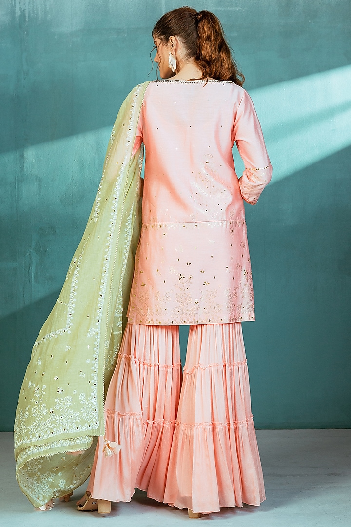 Peach Chiffon Tiered Wedding Sharara Set by Mandira Wirk - Indian at Pernia's Pop Up Shop