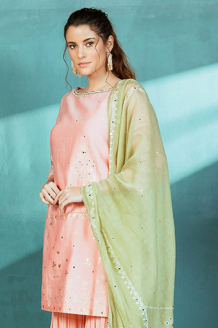 Peach Chiffon Tiered Wedding Sharara Set by Mandira Wirk - Indian at Pernia's Pop Up Shop