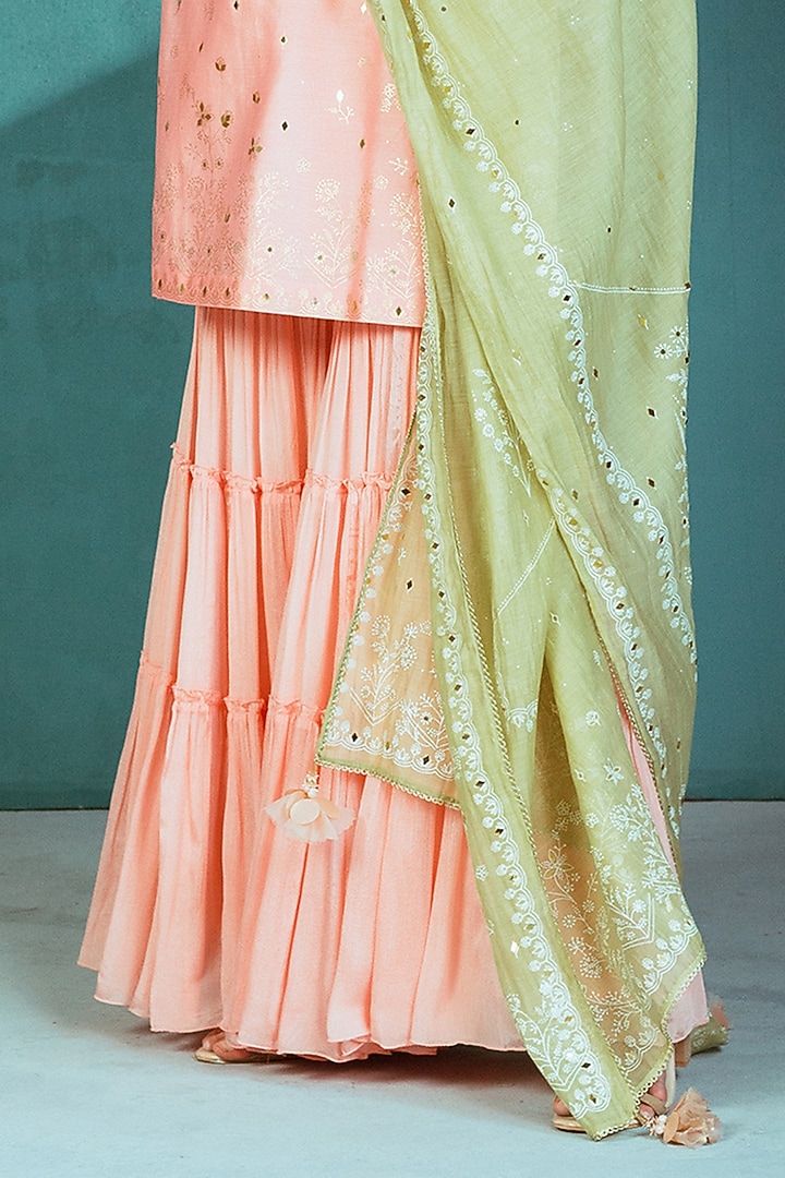 Peach Chiffon Tiered Wedding Sharara Set by Mandira Wirk - Indian at Pernia's Pop Up Shop