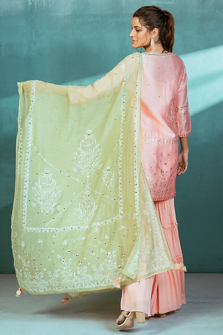Peach Chiffon Tiered Wedding Sharara Set by Mandira Wirk - Indian at Pernia's Pop Up Shop