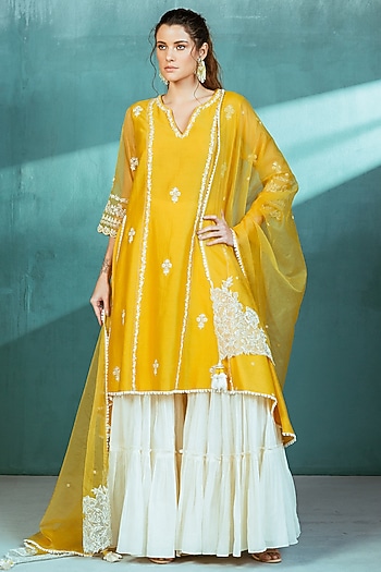 Ivory Mul Mul Tiered Wedding Sharara Set by Mandira Wirk - Indian at Pernia's Pop Up Shop
