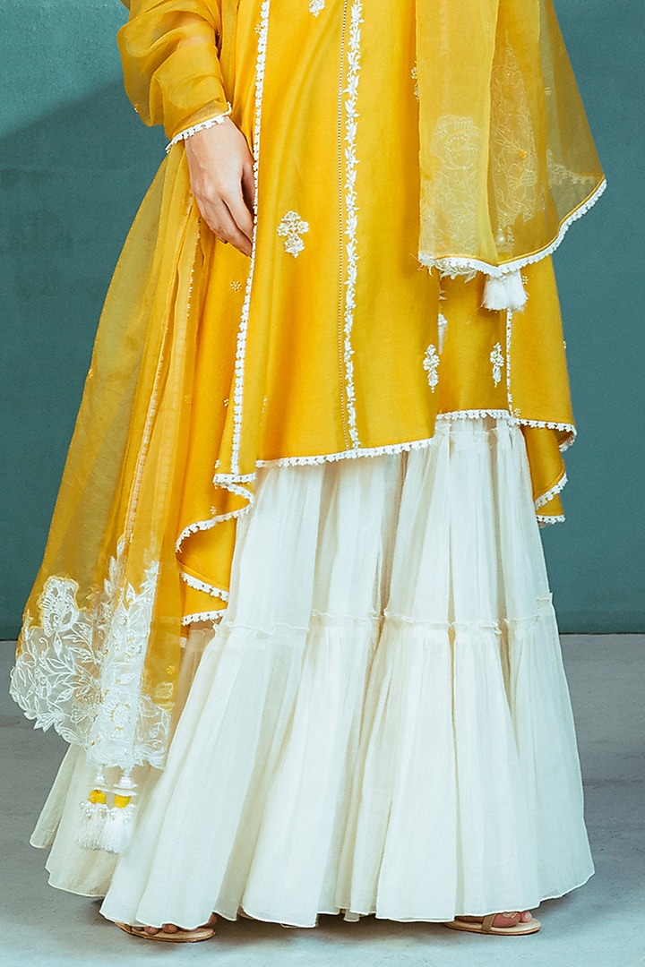 Ivory Mul Mul Tiered Wedding Sharara Set by Mandira Wirk - Indian at Pernia's Pop Up Shop