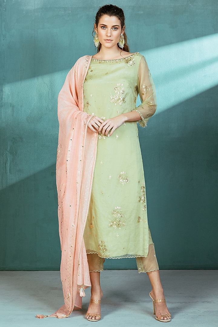 Mint Green Embroidered Kurta Set by Mandira Wirk - Indian at Pernia's Pop Up Shop