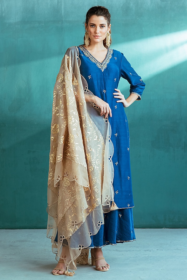 Blue Embroidered Sharara Set by Mandira Wirk