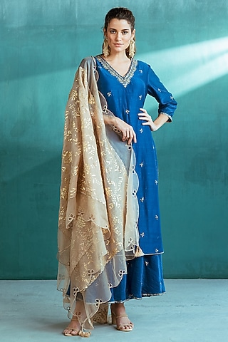 Blue Embroidered Sharara Set by Mandira Wirk - Indian