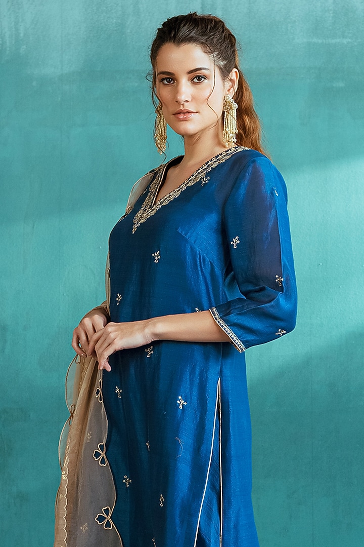 Blue Embroidered Wedding Sharara Set by Mandira Wirk - Indian at Pernia's Pop Up Shop