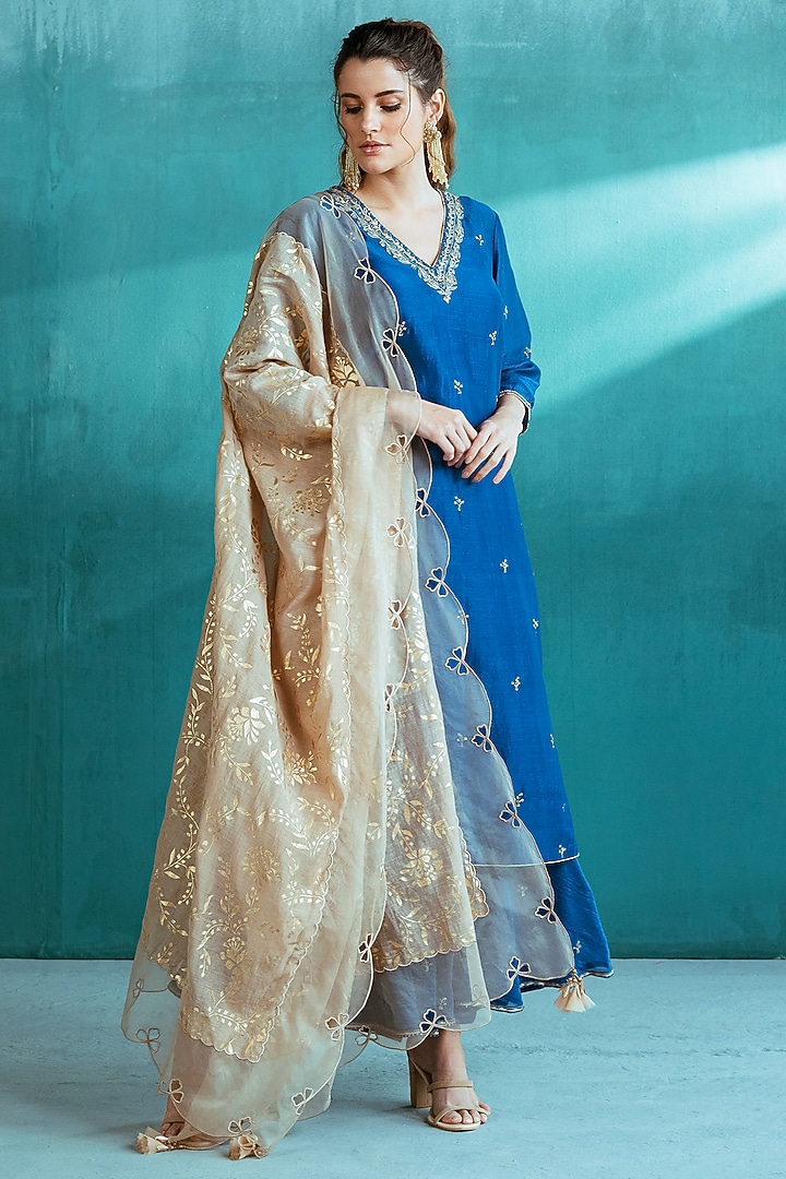 Blue Embroidered Wedding Sharara Set by Mandira Wirk - Indian at Pernia's Pop Up Shop