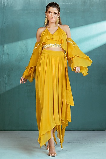 Mustard Yellow Chiffon Asymmetric Skirt by Mandira Wirk - Indian at Pernia's Pop Up Shop