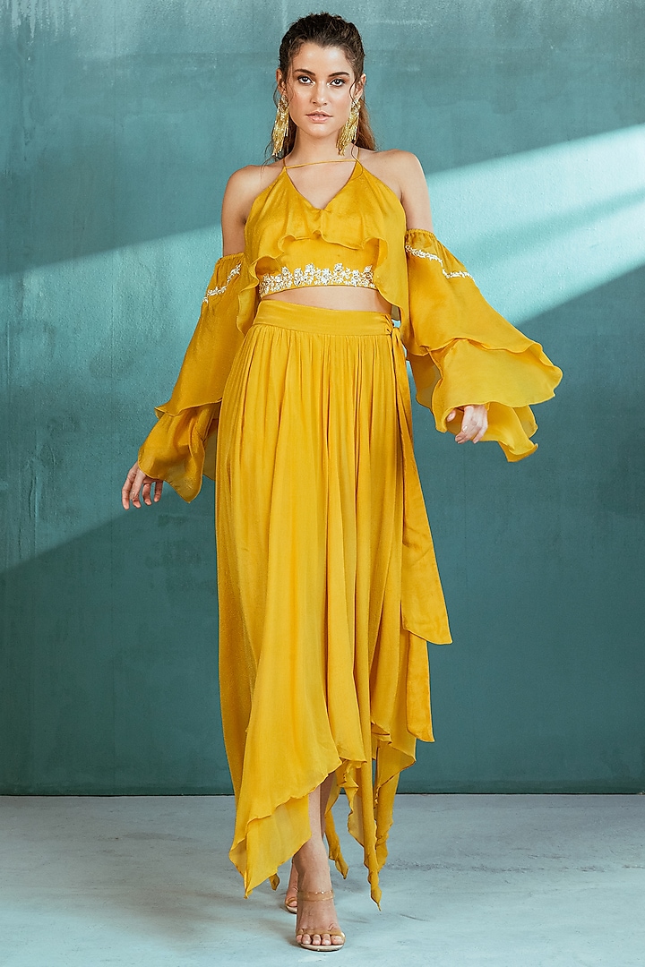 Mustard Yellow Chiffon Asymmetric Skirt by Mandira Wirk
