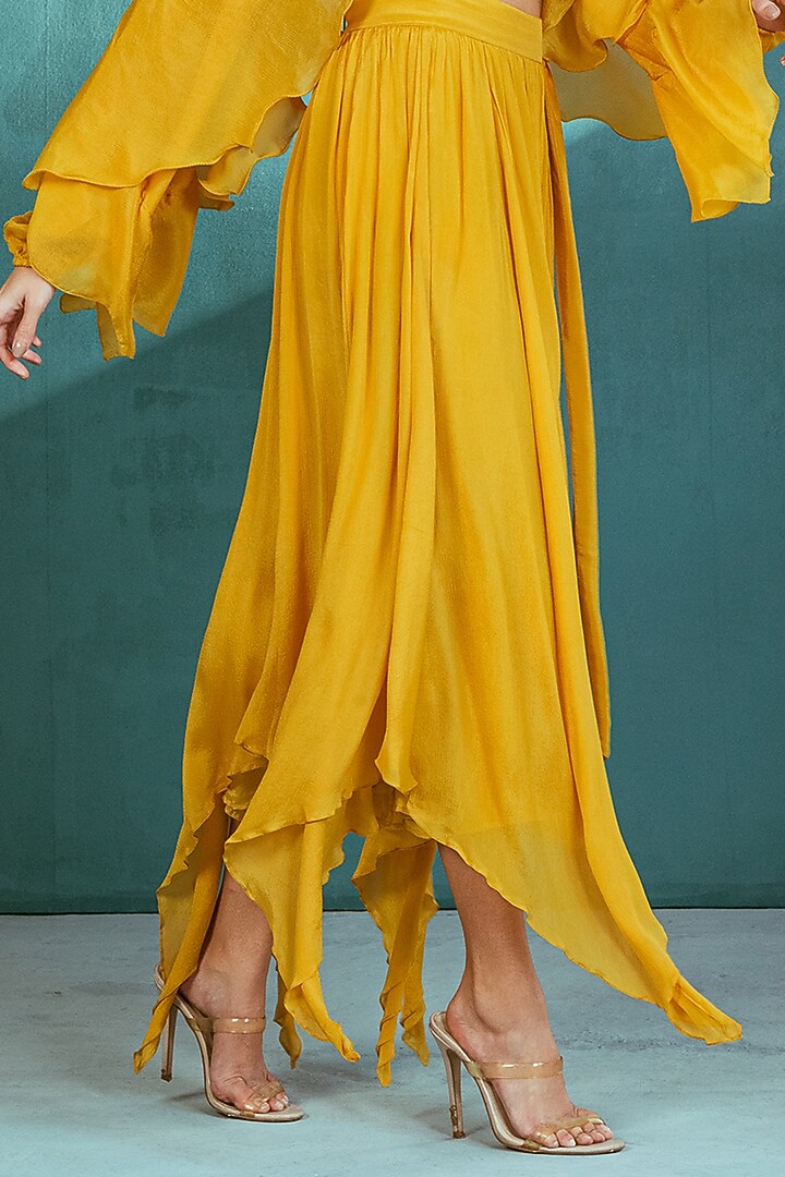 Mustard Yellow Chiffon Asymmetric Skirt by Mandira Wirk - Indian at Pernia's Pop Up Shop
