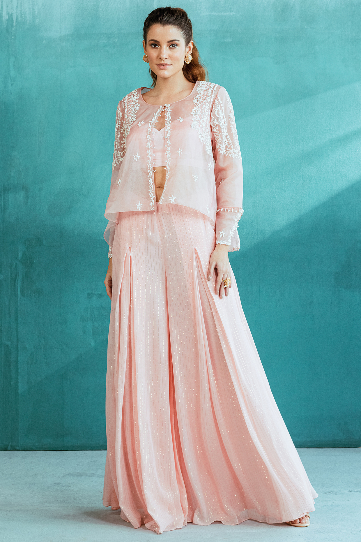 Peach Embroidered Jacket Set by Mandira Wirk - Indian at Pernia's Pop Up Shop