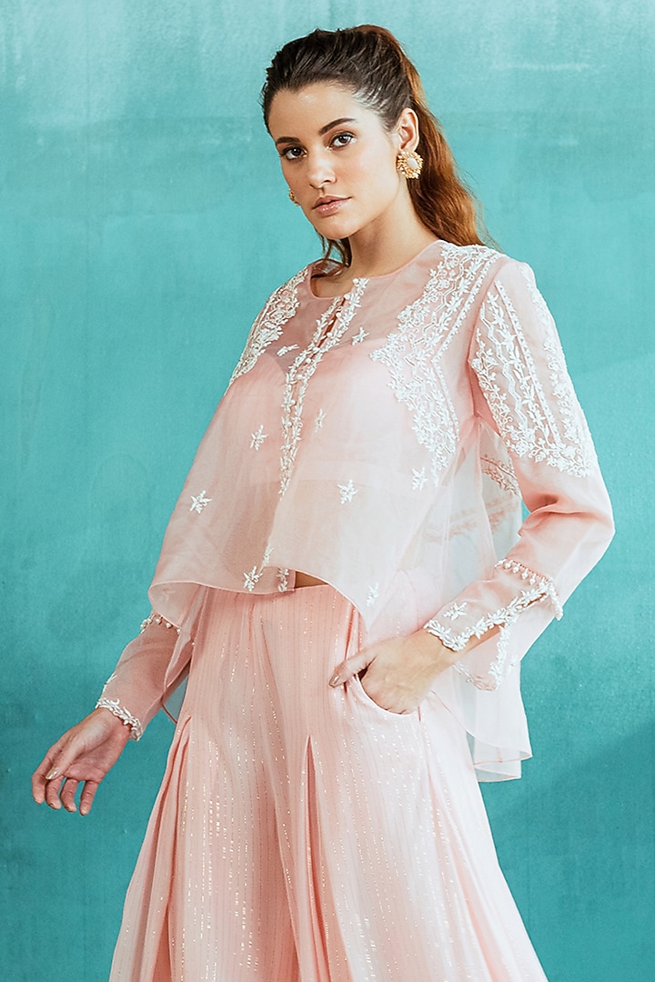 Peach Embroidered Jacket Set by Mandira Wirk - Indian at Pernia's Pop Up Shop