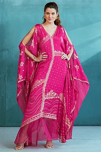 Fuchsia Pink Printed Kaftan by Mandira Wirk - Indian at Pernia's Pop Up Shop