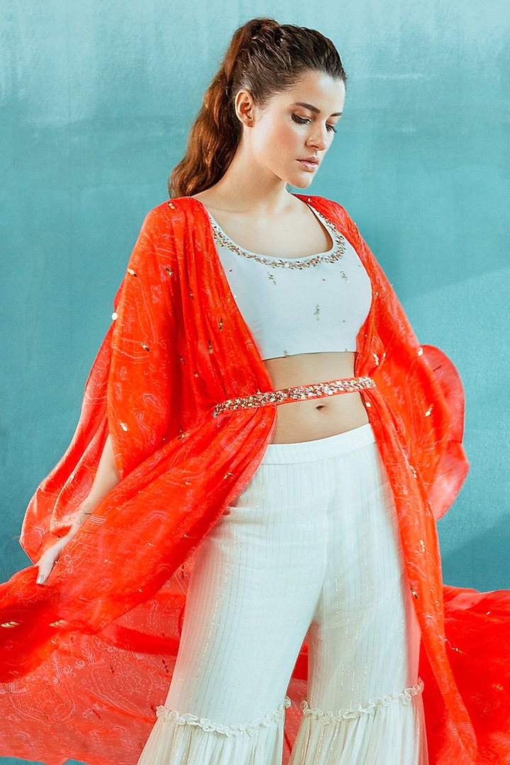 Orange Embroidered Cape Set by Mandira Wirk - Indian at Pernia's Pop Up Shop