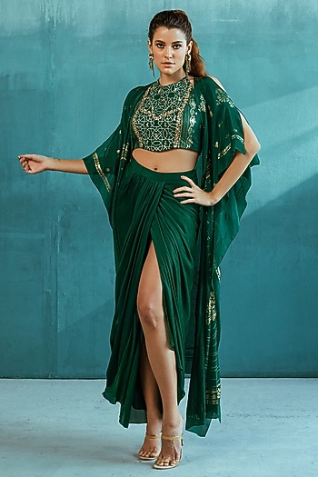 Emerald Green Printed Cape Set by Mandira Wirk - Indian at Pernia's Pop Up Shop