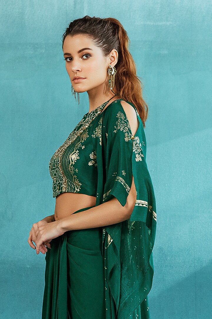 Emerald Green Printed Cape Set by Mandira Wirk - Indian at Pernia's Pop Up Shop
