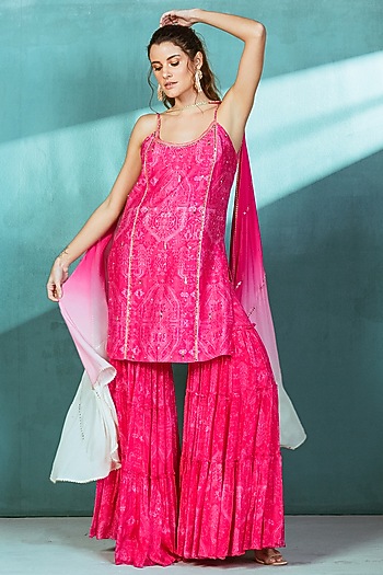 Fuchsia pink Chiffon Tiered Wedding Sharara Set by Mandira Wirk - Indian at Pernia's Pop Up Shop