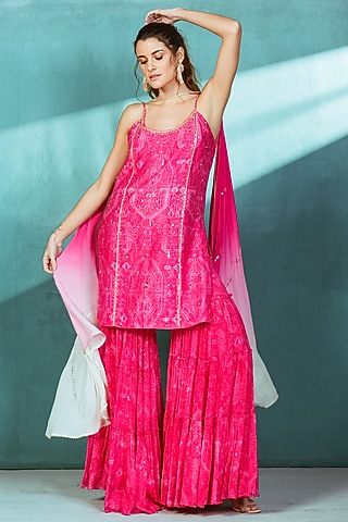 Fuchsia pink Chiffon Tiered Sharara Set by Mandira Wirk - Indian