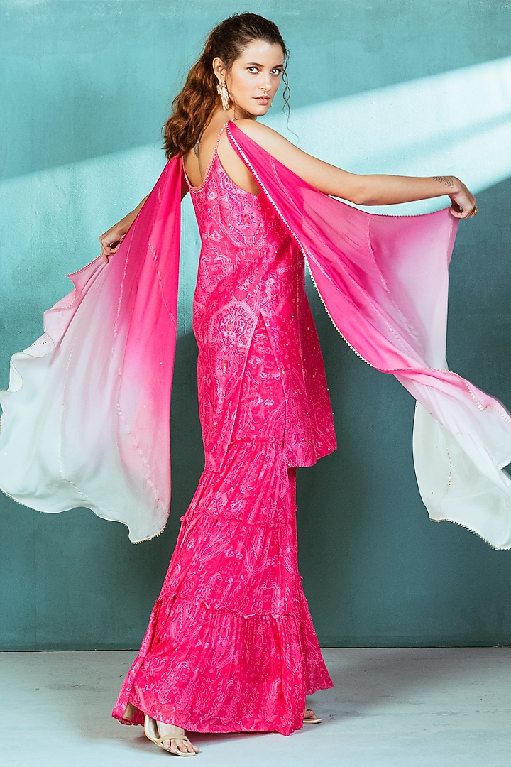 Fuchsia pink Chiffon Tiered Wedding Sharara Set by Mandira Wirk - Indian at Pernia's Pop Up Shop