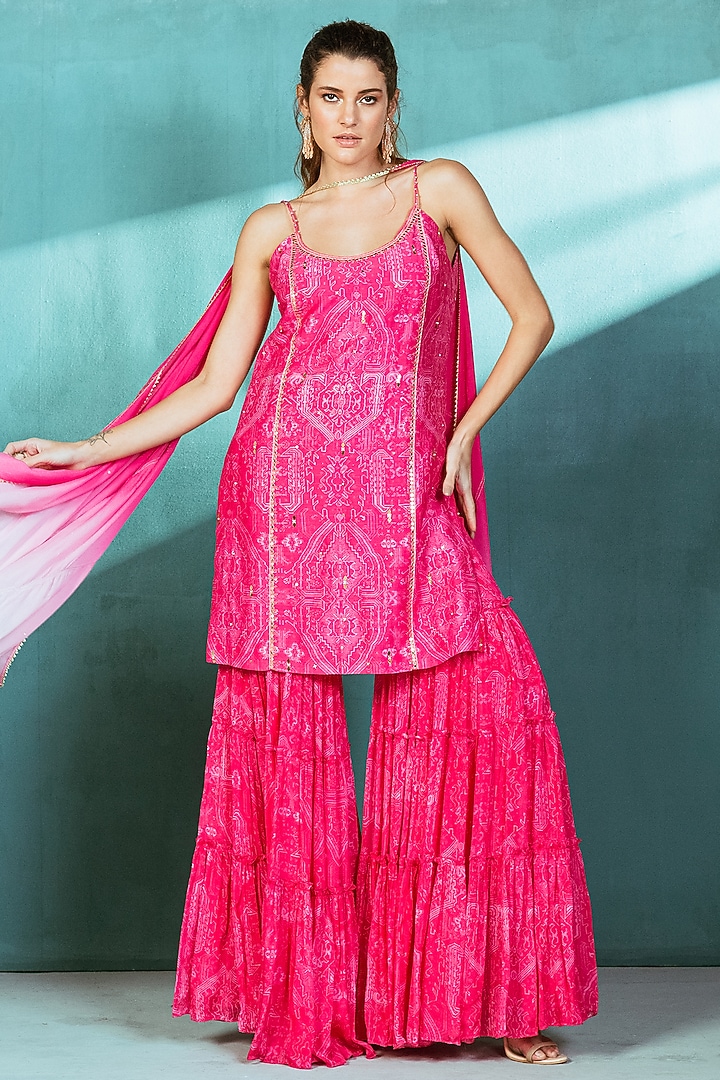 Fuchsia pink Chiffon Tiered Wedding Sharara Set by Mandira Wirk - Indian at Pernia's Pop Up Shop