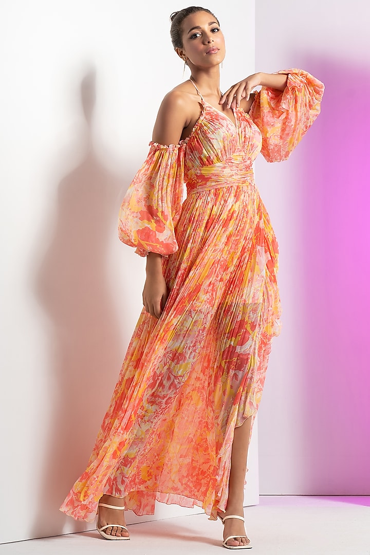 Red Chiffon Embellished Maxi Cocktail Dress by Mandira Wirk - Resort at Pernia's Pop Up Shop
