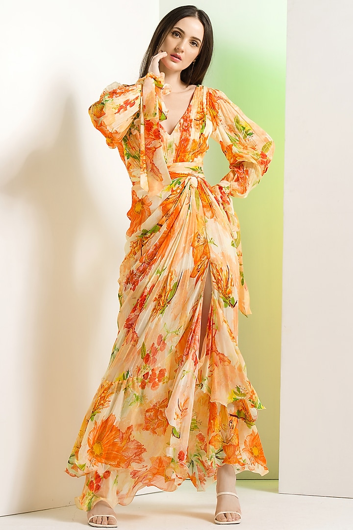 Orange Chiffon Dress by Mandira Wirk