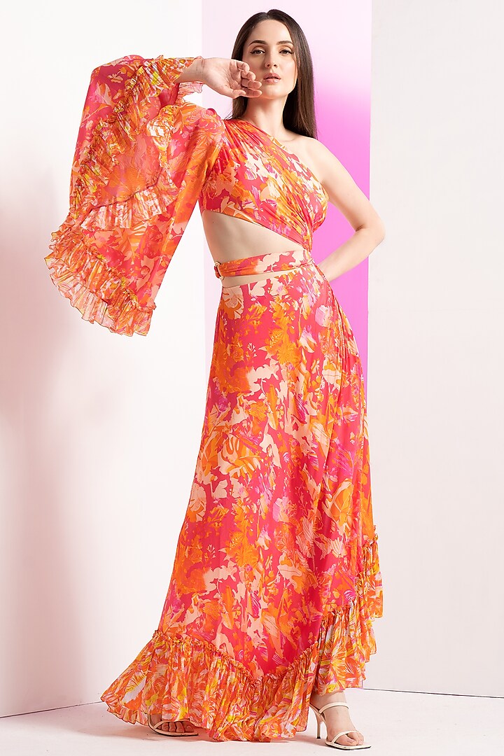 Pink Chiffon & Crepe Asymmetric Dress by Mandira Wirk